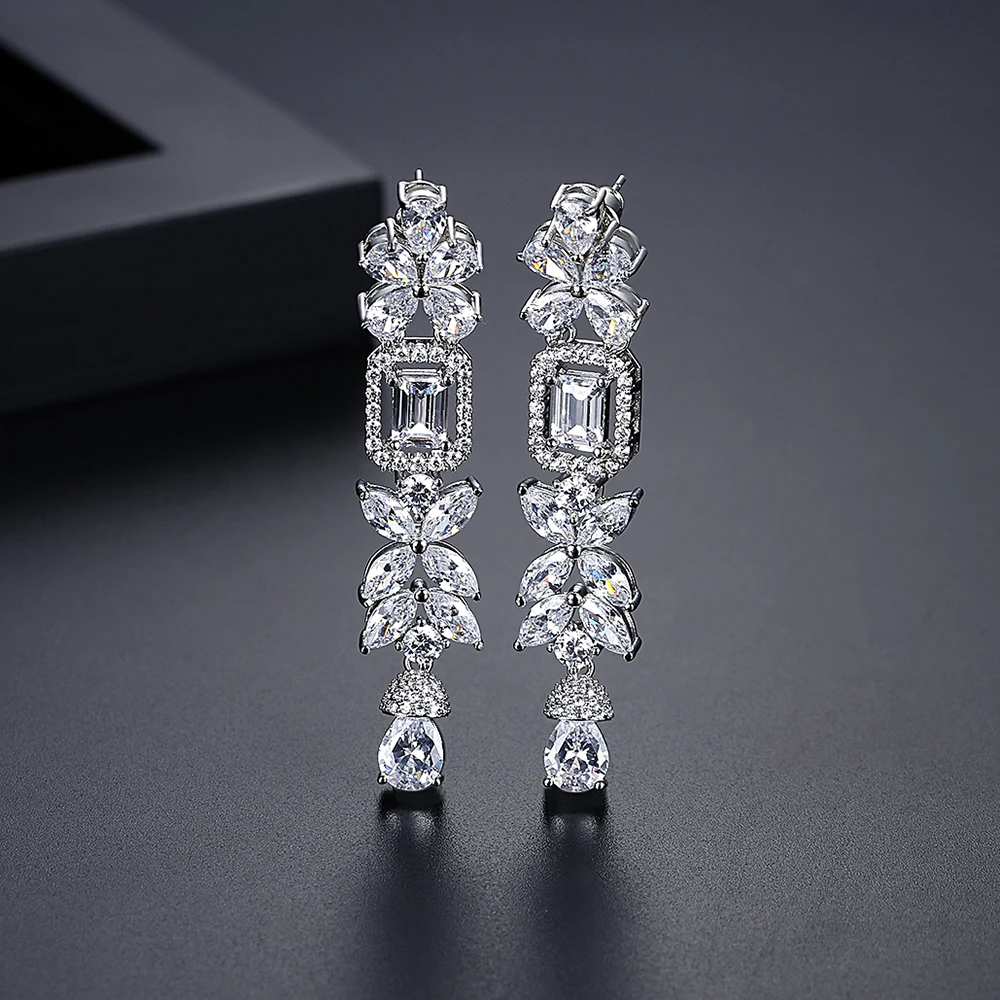 LUOTEEMI Luxury Bridal Wedding Zircon Long Earrings Cubic Zirconia Flower Earring Gorgeous Jewellery Accessories Party Gifts drop earrings,dangle earrings