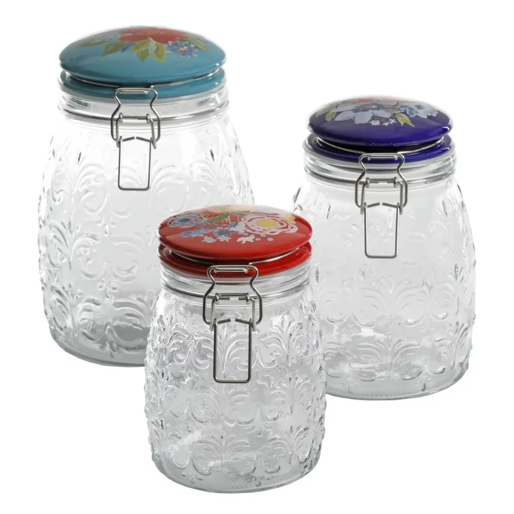 

Floral Embossed Clamp Jars, Set of 3