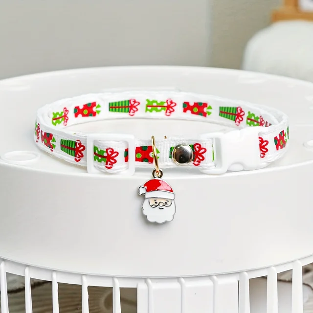 Festive Christmas Pet Collar with Santa Hat Charm - Adjustable Red Polyester Necklace for Dogs and Cats, Holiday-Themed Design 6