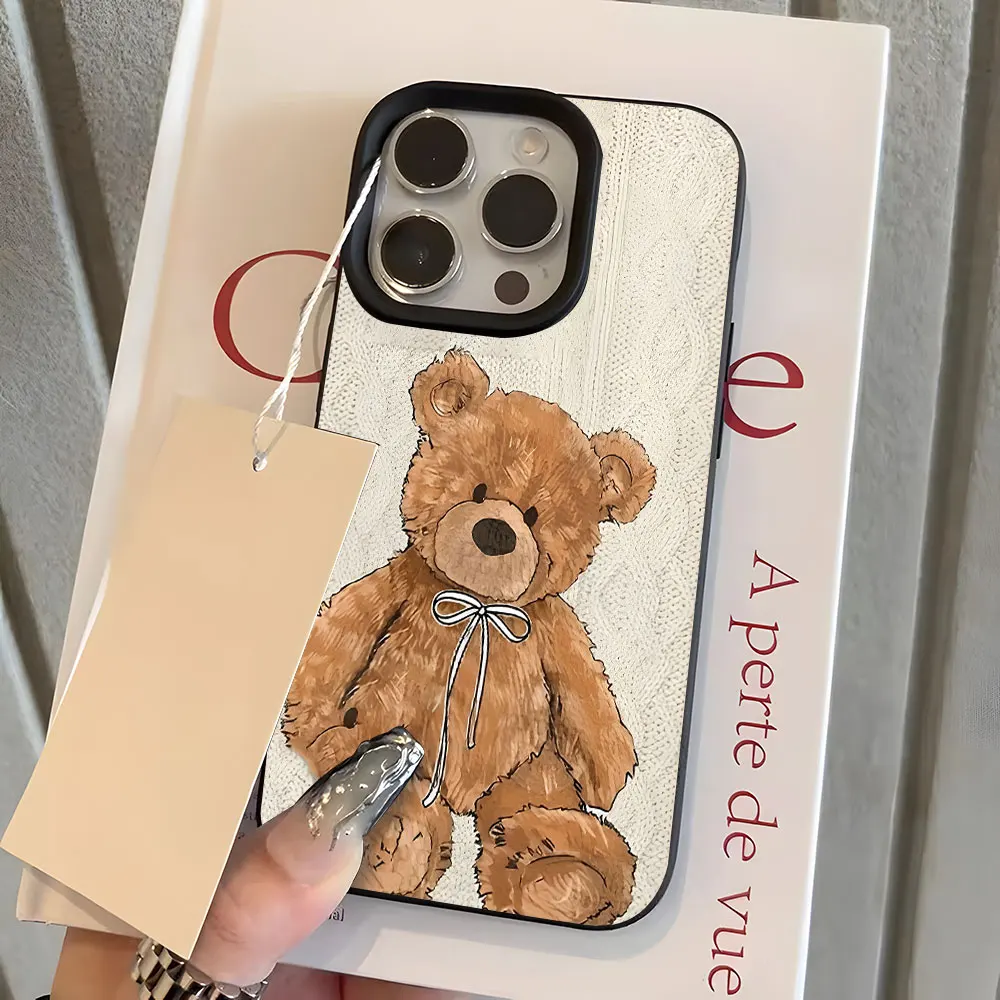 Cute Brown Teddy Bear Pattern Lychee Soft Phone Case