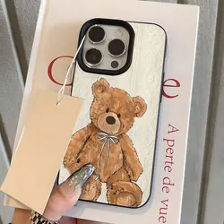Cute Brown Teddy Bear Pattern Lychee Soft Phone Case - iPhone 15 (Black)