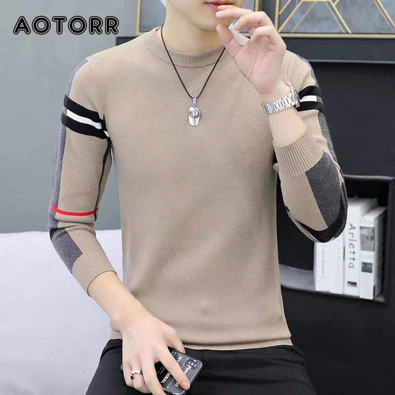 

2023 Autumn Casual Mens Sweater New Korean Round Neck Knitted Sweaters Winter Male Stripe Undershirt Men Clothing Streetwear