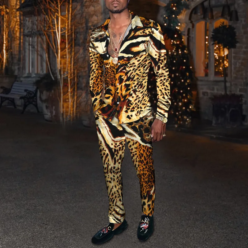 

Leopard Print Men's Suit Shirt Pants 2 Piece Set Long Sleeve Trousers Fashion Luxury Male Clothing Oversized Hip Hop Streetwear