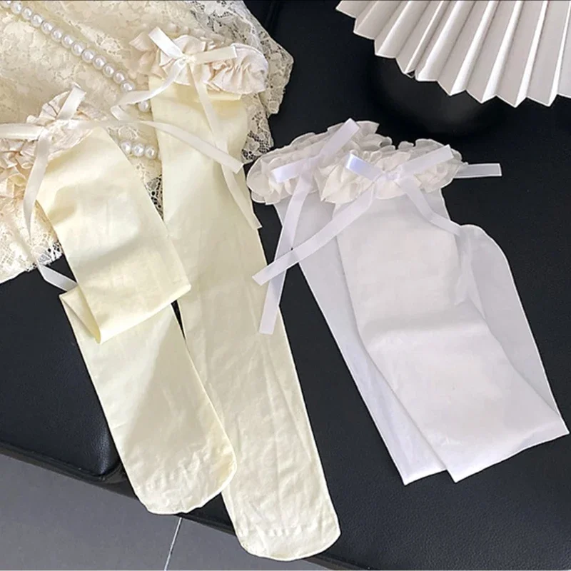 Women Lace Black White Ruffle Long Socks Women Girls Sweet Stockings JK Lolita Nylon Lace Leggings Over The Knee Bowknot Hosiery