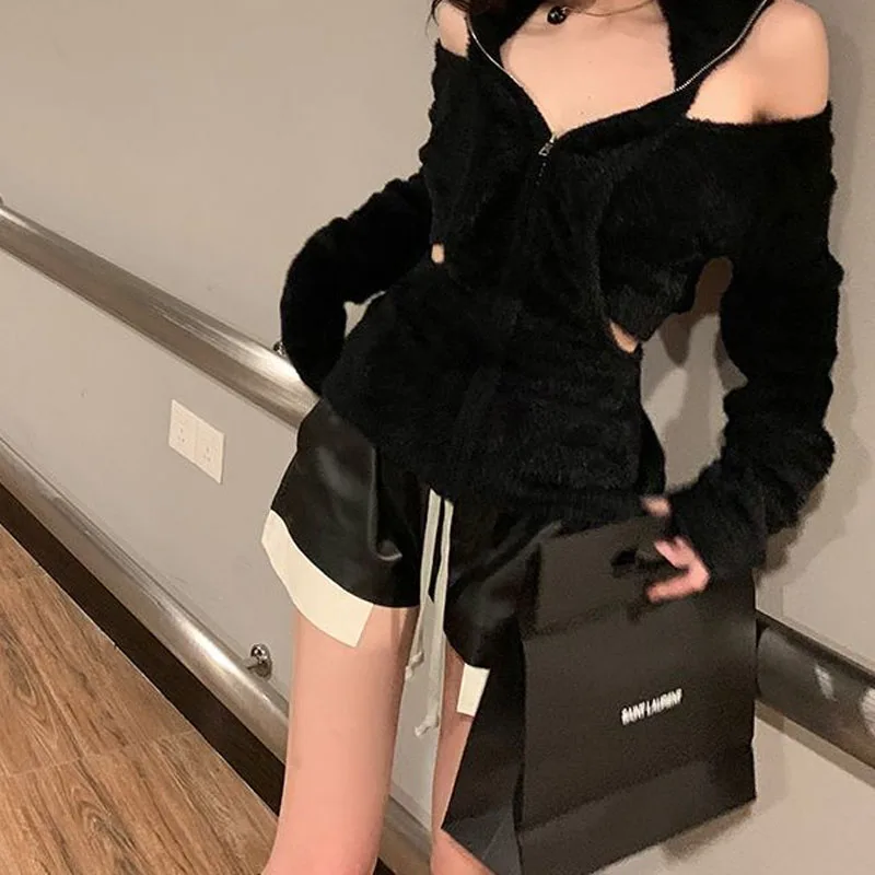 Temperament Casual Patchwork Split Leather Shorts Summer Women's Clothing Fashion Loose Straight Drawstring Pants for Female