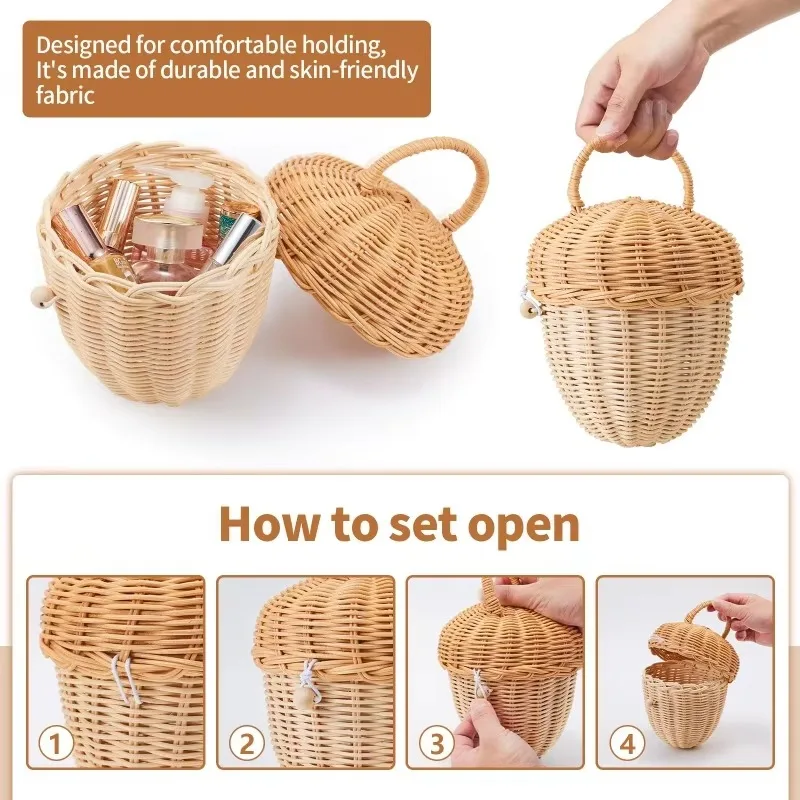 Mushroom Basket Portable Rattan Handmade Children Bag Toy Picnic Basket High-capacity Storage Baskets Sundries Pouch Storage Bag 4