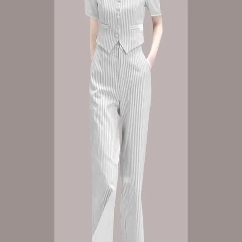 Stripe Patchwork Short Sleeve Chiffon Shirt Blazer Casual Wide Leg Trousers Two-piece Elegant Women's Pants Suit Office Outfits