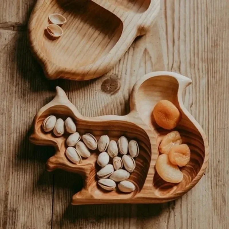 Squirrel Snack Tray Wooden Craft Double Dish Holder for Nuts Sunflower Seeds Peanuts Cherries Home Decor Edamame Bowl Pedestal