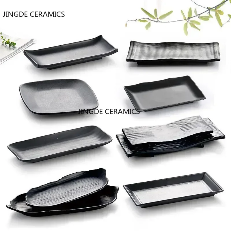 Black Scrub Striped Barbecue Meat Sushi Plate Melamine Kitchen Cutlery Korean Cuisine Saury Fruit Dessert Sushi Storage Plate dining dish