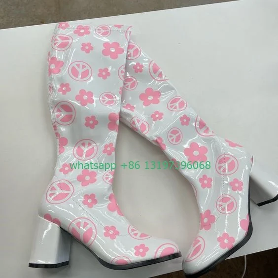 

Lady PU printed design pink Mary Janes boots chunky heel calf boots party causal running shoes boots low heel boots footwear