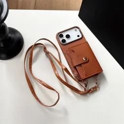 Premium Wallet Strap Phone Case with Card Slots - Crossbody Lanyard PU Leather Silicone Cover - iPhone 15 Plus (Brown)