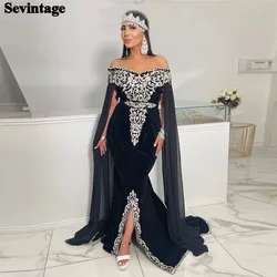 Sevintage Arabic Mermaid Velvet Evening Dresses Off The Shoulder Split Appliques Long Cape Sleeves Prom Gowns Algerian Outfits