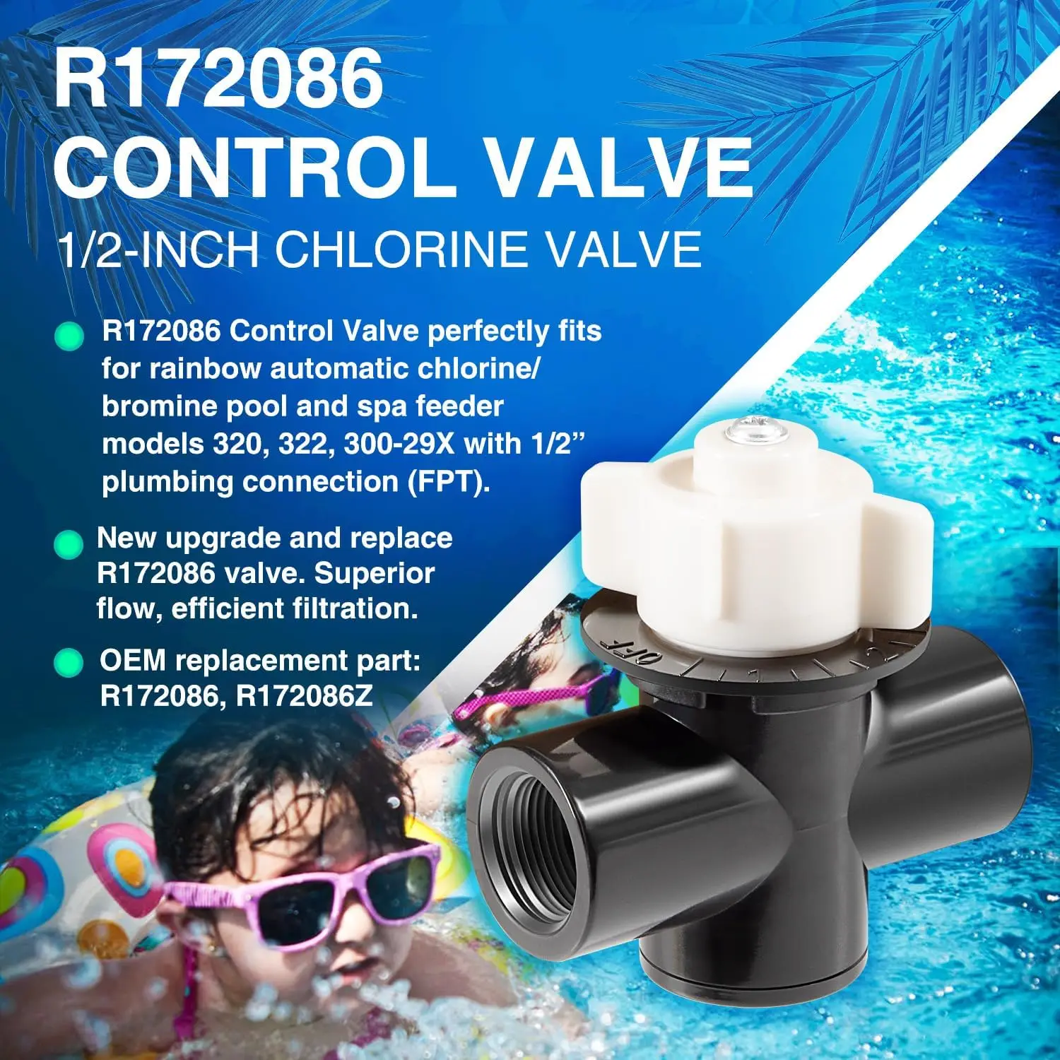 MX R172086 Control Valve, 1/2-Inch FPT Chlorine Valve For Pentair Rainbow 320, 322, 300-29X, Fit for Pool, Spa, R172086Z