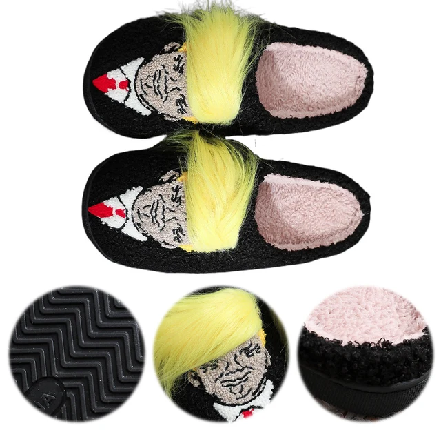 Plush Trump Wig Slippers Closed Toe Slippers Comfortable Fluffy Home Slippers Creative 3D Fake Hair Furry Slipper for Men Women 4