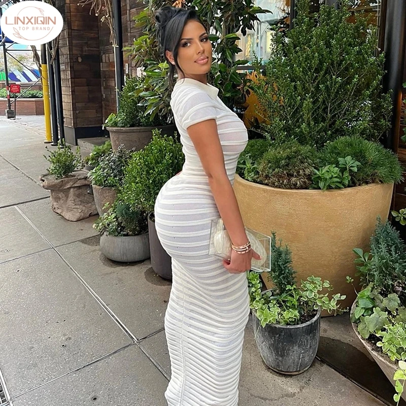 

Трикотажное женское платье LINXIQIN с коротким рукавом, элегантное Полосатое прозрачное однотонное облегающее эластичное облегающее платье с круглым вырезом, уличная одежда