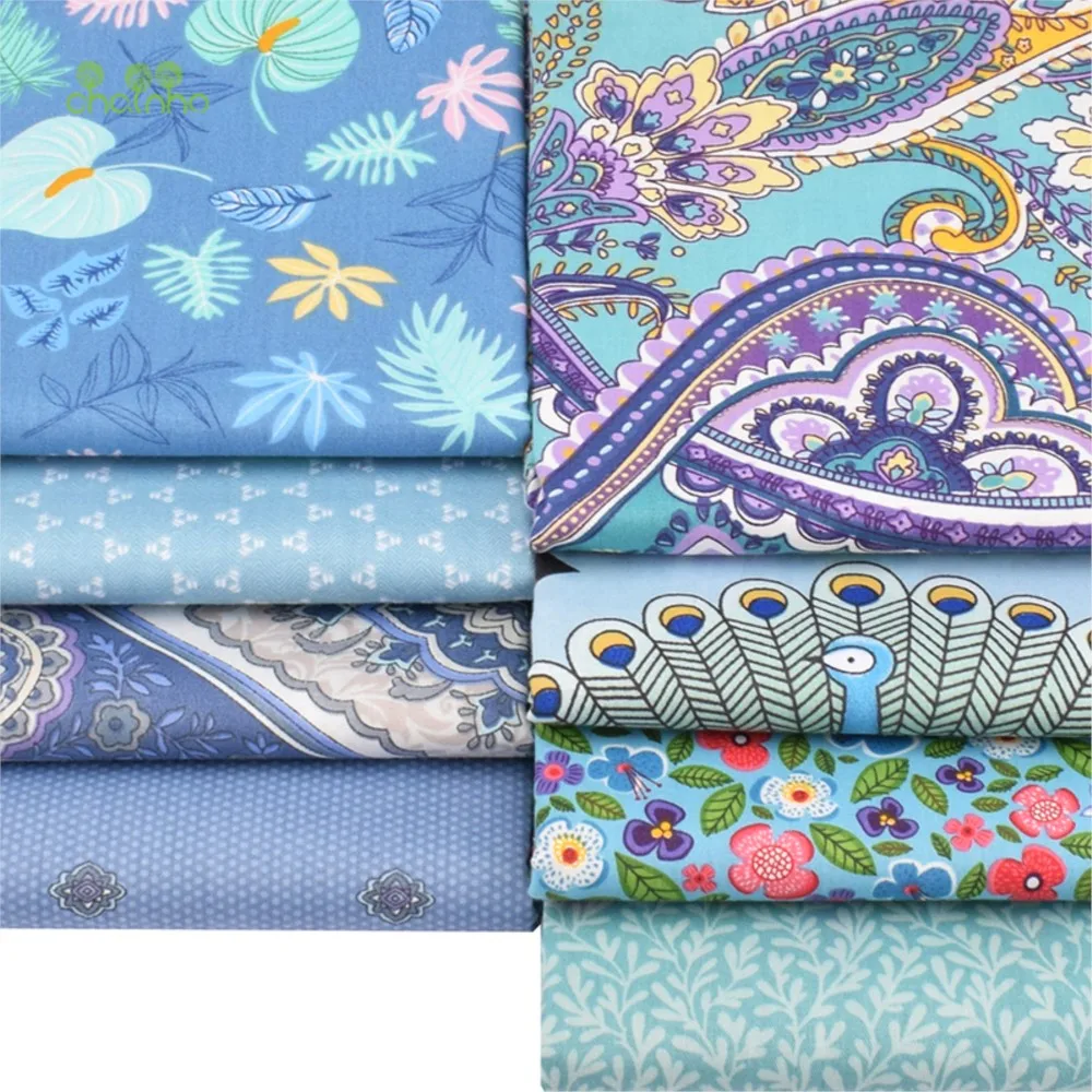 Chainho,Printed Twill Weave Cotton Fabric,Patchwork Cloth,DIY Quilting Sewing Material,Blue Floral Series,4 Specification,CC046