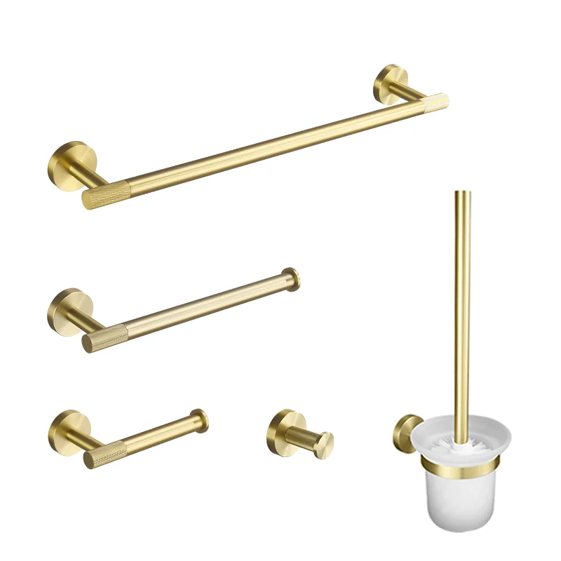 Brushed Gold Brass Knurled Bathroom Accessories Towel Bar Bath Robe Hook Shelf for Towel Ring Paper Bathroom Hardware Set