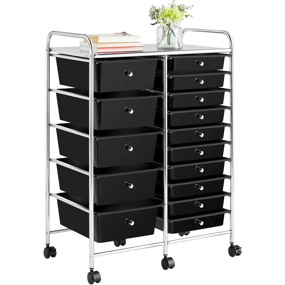 

15 Drawers Metal Frame Storage Cart, with Lockable Wheels, Black