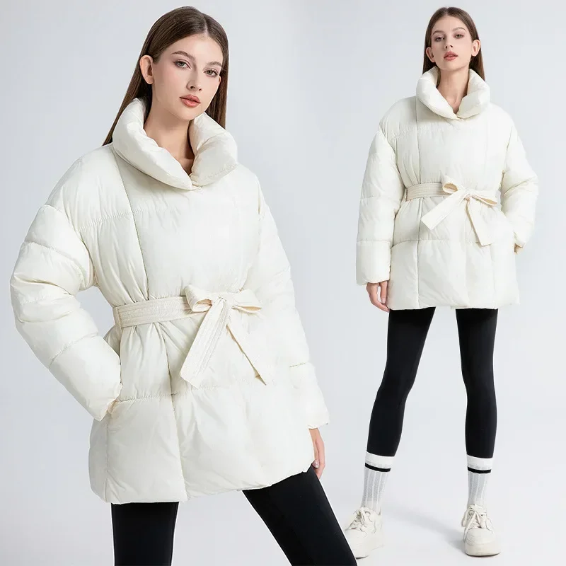 Winter Down Cotton Coat Women's Warm Stand Collar Waistband Parkas Jacket Ladies Elegant Temperament Parkas Female Coat