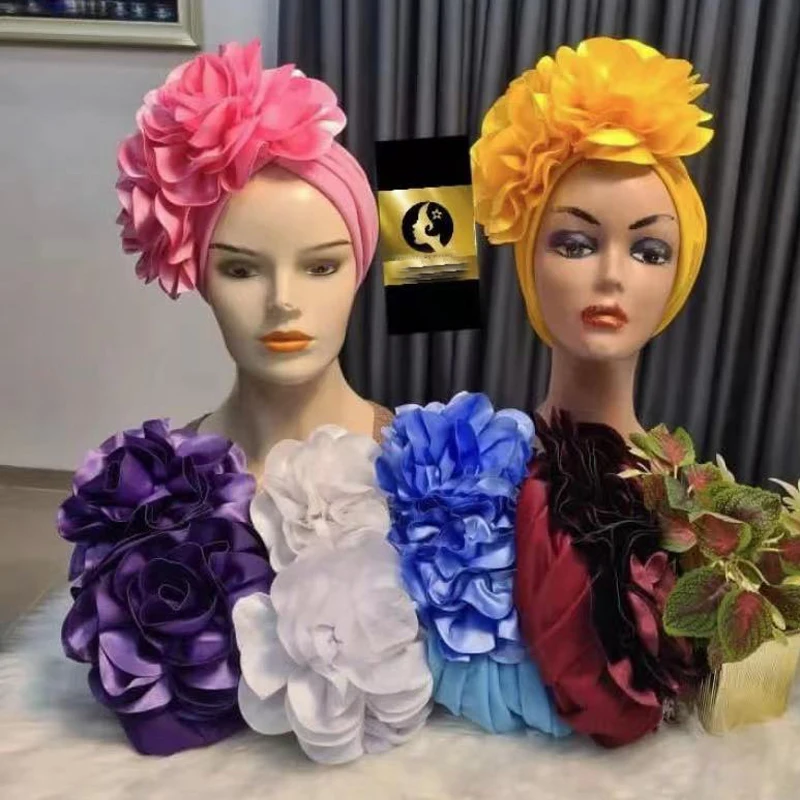 Damen-Kopfwickel, Hochzeit, Party, Kopfschmuck, muslimisches Kopftuch, Hut, Indien-Kappen, übertriebene große Blume, afrikanische Turban-Kappe