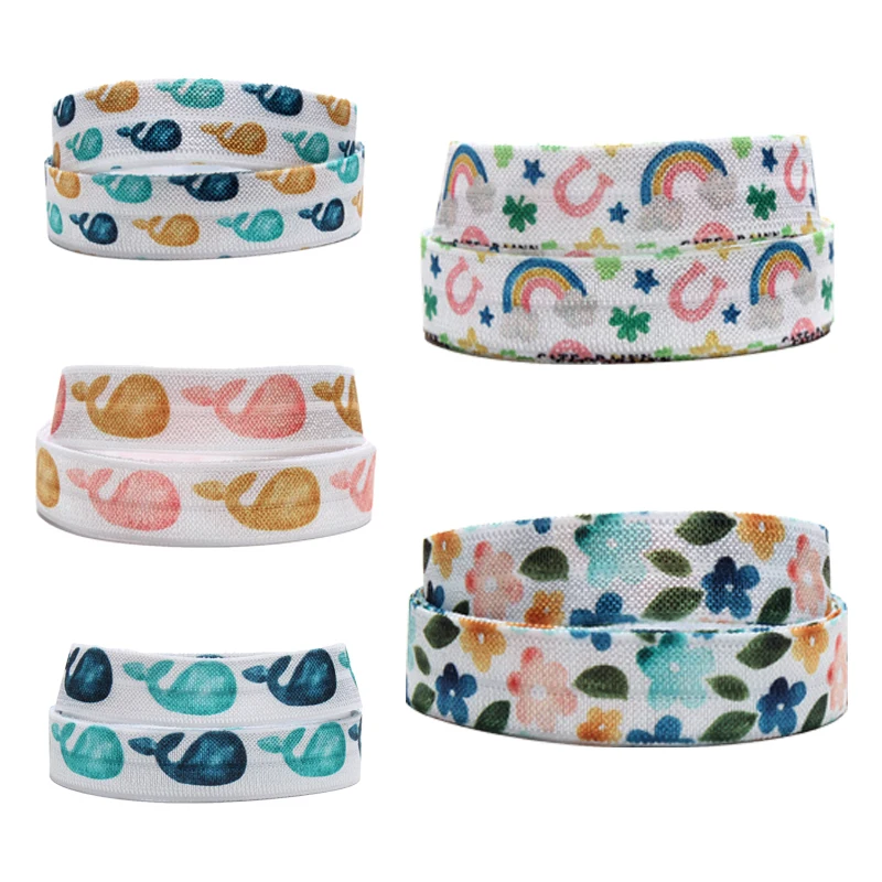 

Rainbow Flower and Animal Cartoon Elastic Hair Band Printed fold over elastic ribbon 15mm 50/100 yards