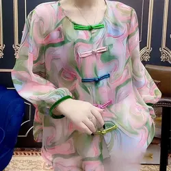 Vintage Folk Print O - Neck Blouse - Long Sleeve Casual Fashion with Chinese Disc Buckle - 3XL(65 - 70kg) (Mixed Color)