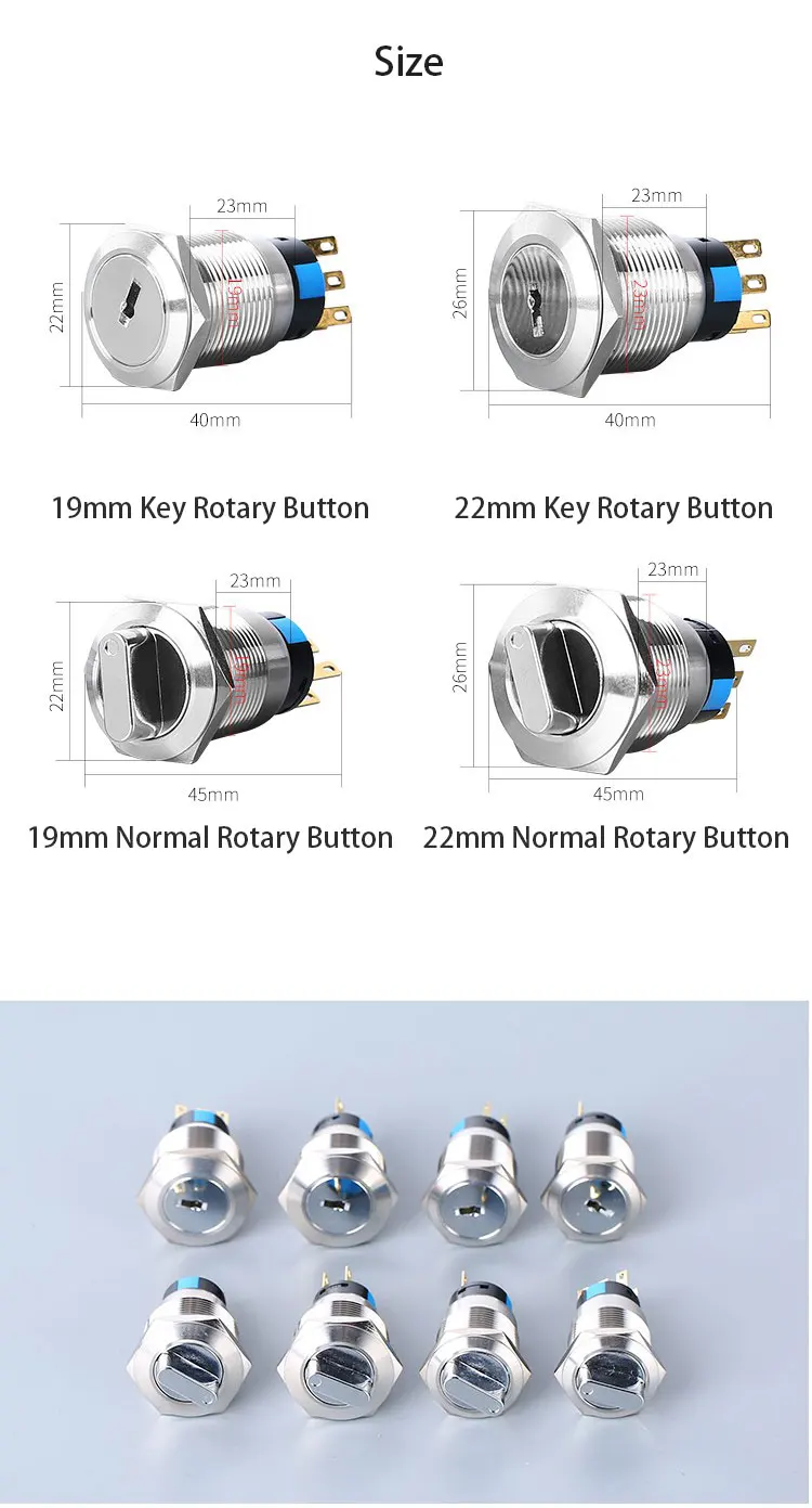 Description Picture 6 of item16/19/22mm metal rotary push button  2/3 position latching knob Switch Press Button rotary Rotate button LED light rotation IP65