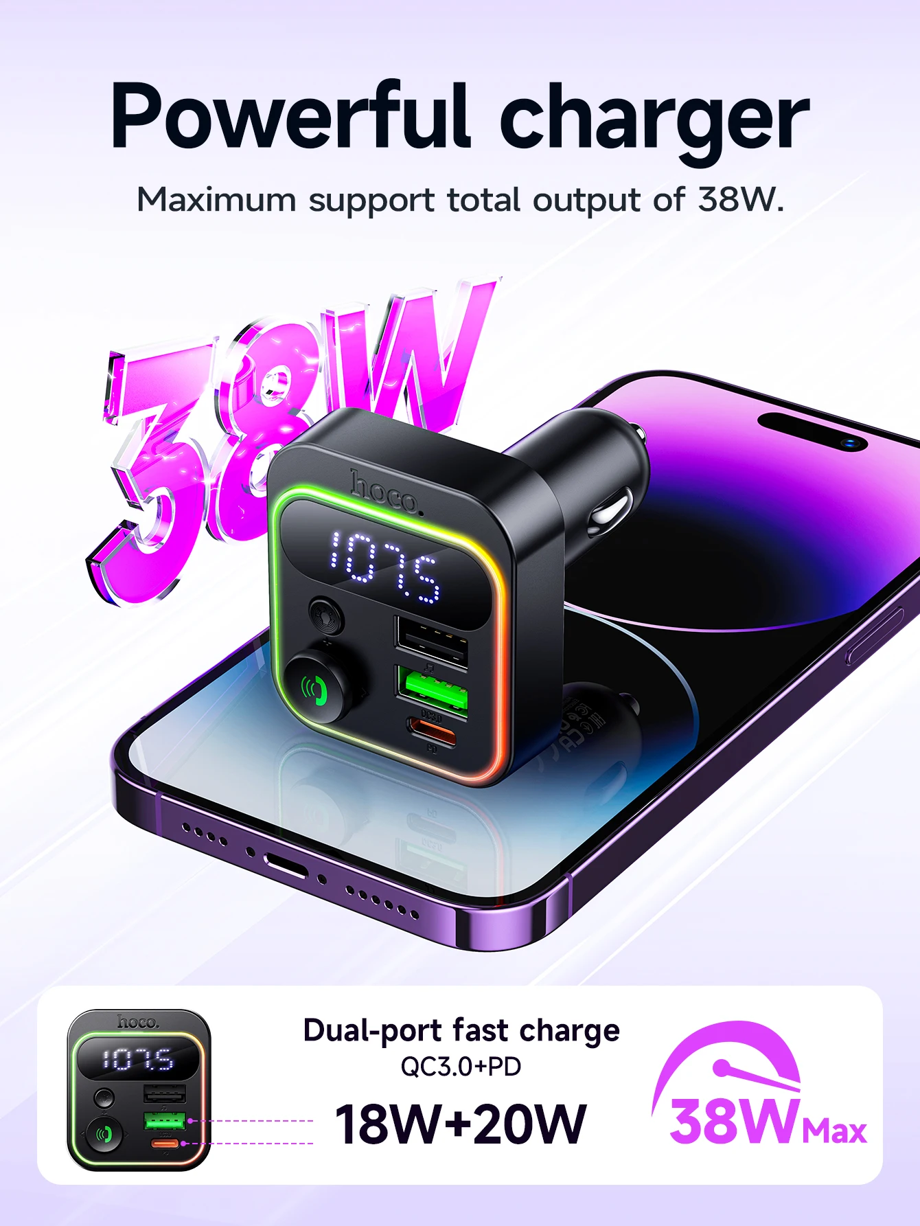 HOCO E85 20W Bluetooth 5.4 Car FM Transmitter with PD20W & QC3.0