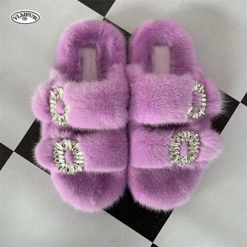 2025 New Women Fur Slippers Shoes Women Warm Winter Crystal Fur Shoes For Slippers Casual Plush Comfortable Mink