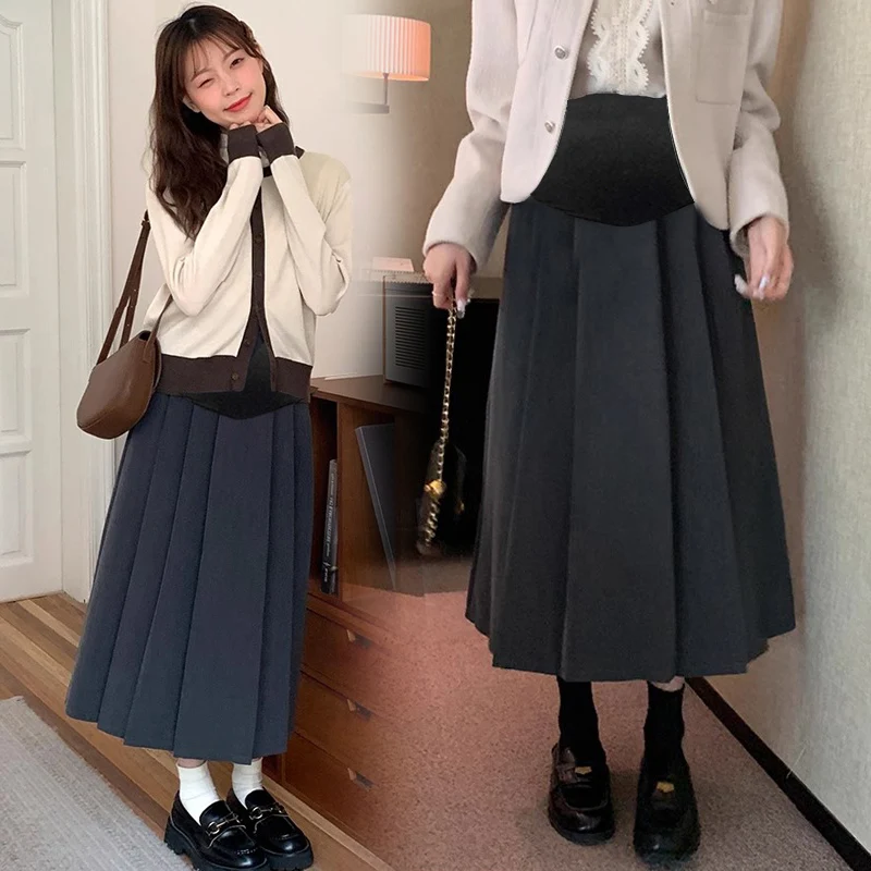 Preppy Style High Waist Maternity Belly Skirt Autumn Long Loose Design Pregnant Woman Umbrella Skirt Loose Maternity Skirts