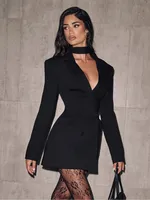 Solid Waist Cinching Blazer Dress Women Chic Long Sleeves Lapel V-neck Double Breasted Slim Short Dresses Lady Daily Street Gown