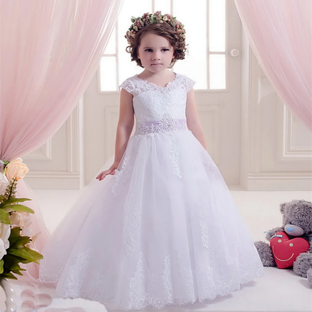 

Flower Girl Dress Champange Fluffy Tulle Lace Big Bow Belt Wedding Elegant Flower Child's First Eucharistic Birthday Party Dress