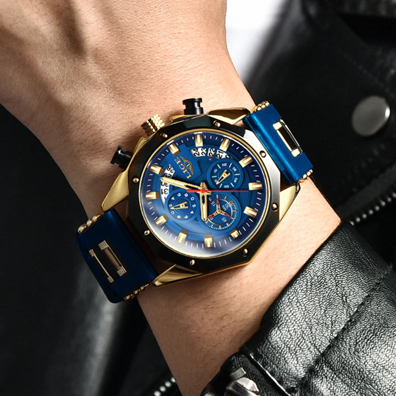 LIGE Fashion Gold Watch Men Casual Business Sports Men's Quartz Wristwatches Silicone Waterproof Date Chronograph Montre Homme