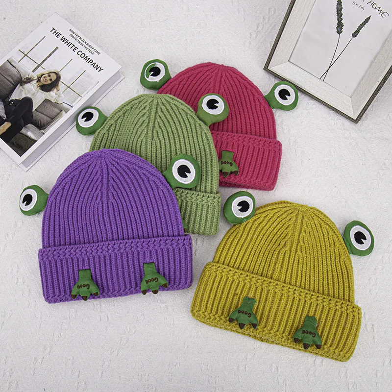 

New Korean Cartoon Frog Knitted Wool Hat Autumn Winter Cute All-match Casual Warm Skullies Beanie Bonnet Tide Outdoor Ski Cap