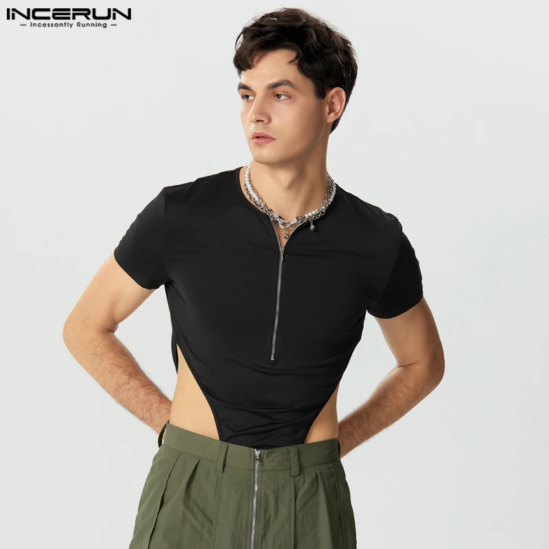 

2023 Men Bodysuits Solid Color Zipper O-neck Short Sleeve Fitness Fashion Men Rompers T Shirts Streetwear Bodysuit S-3XL INCERUN