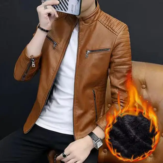 2024 Winter Black Leather Jacket Men Fur Lined Warm Motorcycle Jacket Slim Street Fashion Black Biker Coat Zipper