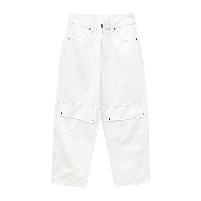 Personality Tooling Fake Pocket Korean Jeans Womens Four Seasons Ins Joker Wide-leg Casual Pants  High Waisted Jeans