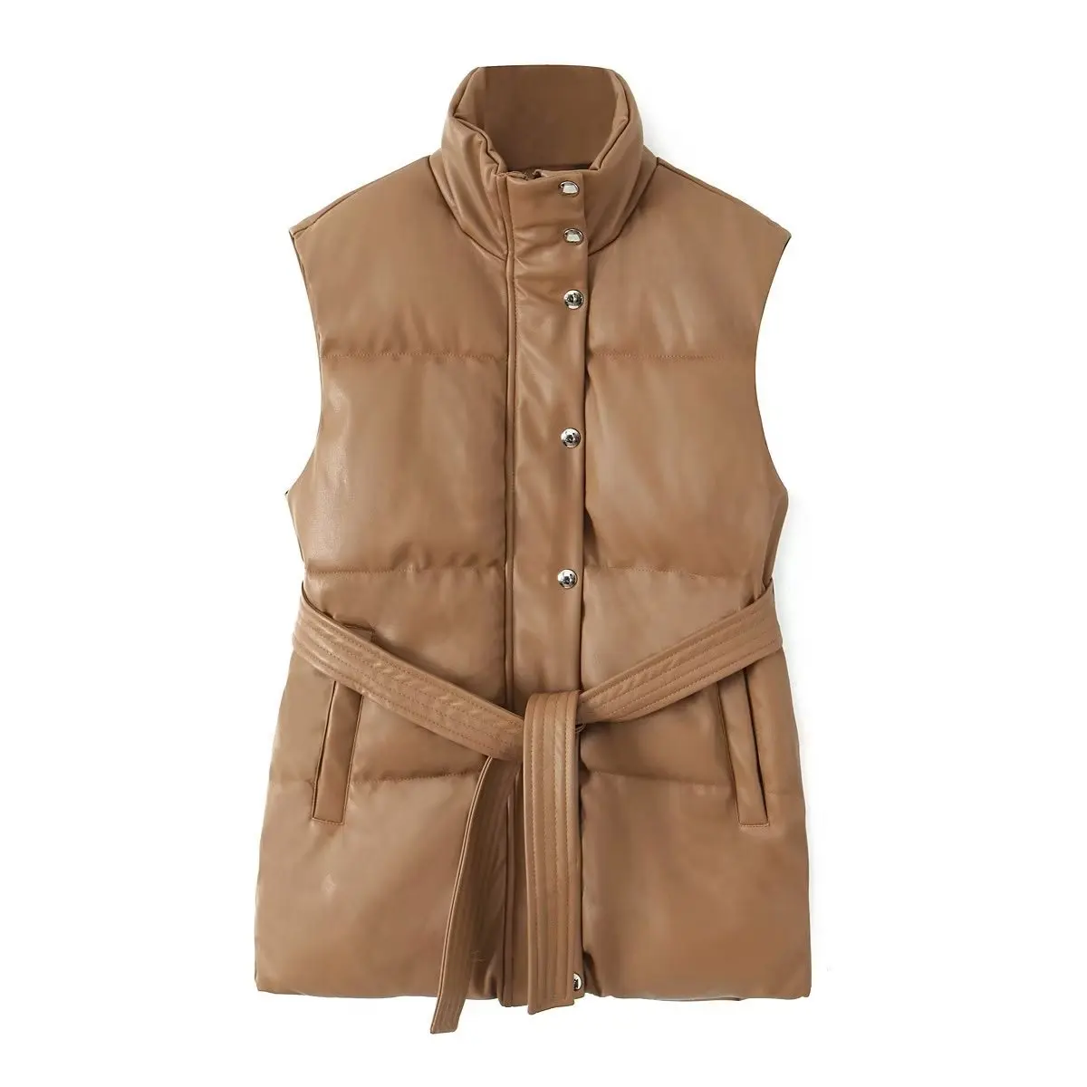 Women's Leather Vest Sleeveless Jacket Cotton-padded Coat Zipper