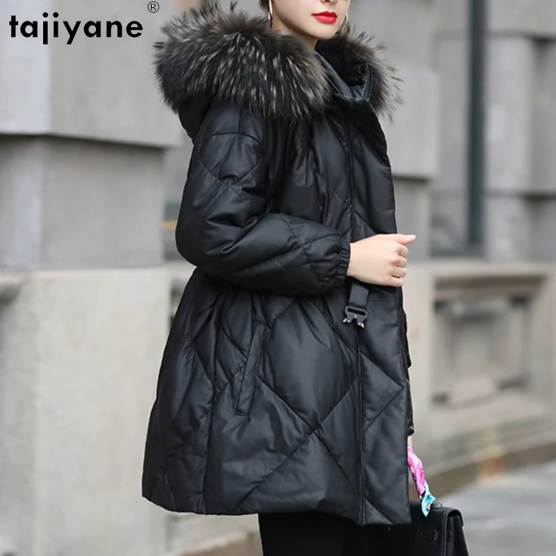 

Tajiyane Genuine Leather Jacket Women Winter 100% Sheepskin Raccoon Fur Leather Down Coat Mid-length Hooded Jackets for Women FC