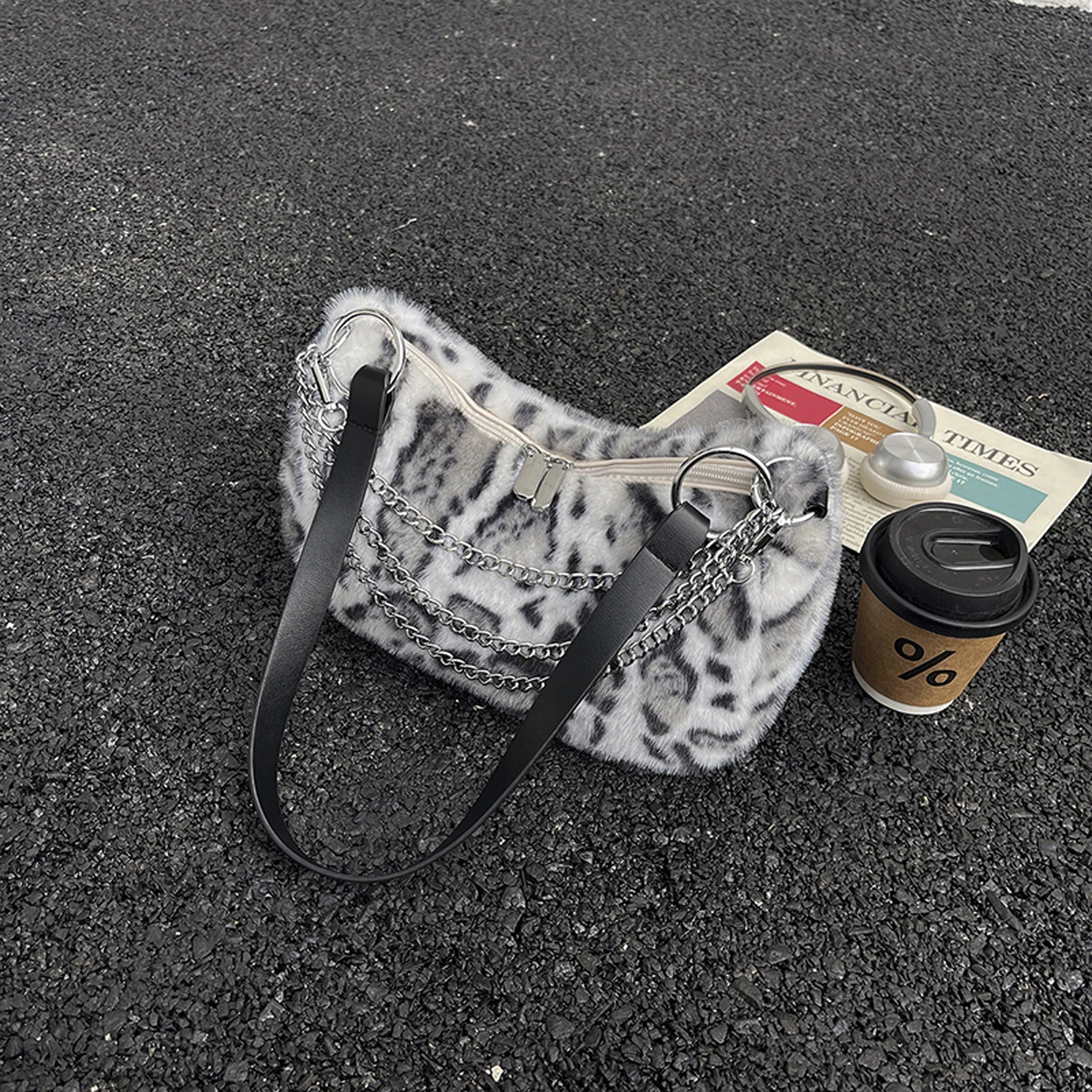 Plush Leopard Shoulder Bag Large Crossbody Bag with Chain Handbag for Women Work Shopping Travel Daily