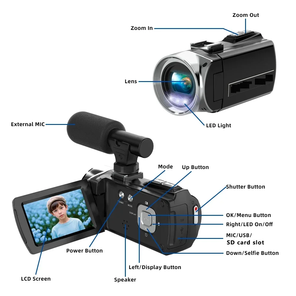 4K Camcorder with Microphone 18X Zoom Infrared Vlogging Video Camera for Youtube 48MP Portable Digital Recorder Live Streaming - 3