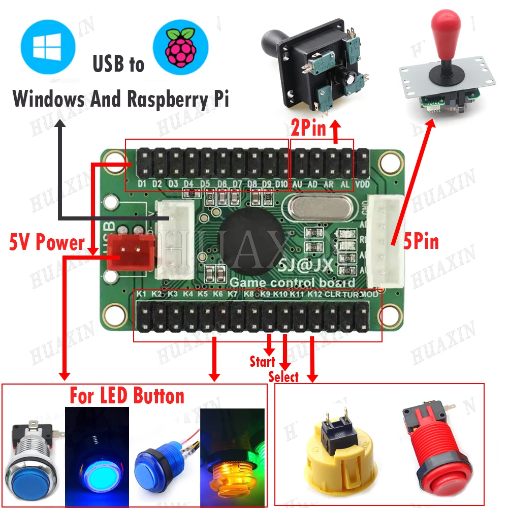 아케이드 게임 USB 제로 지연 조이스틱 푸시 버튼 인코더 보드 PC PS XBOX360 스위치 Raspbrry pi 케이블이없는 안드로이드 제어