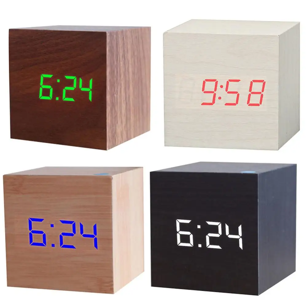 Wall Clock Electronic LED Clock Digital Intelligent Alarm Wooden Square USB Desk Table Voice Control Decoration School Wekker Klok