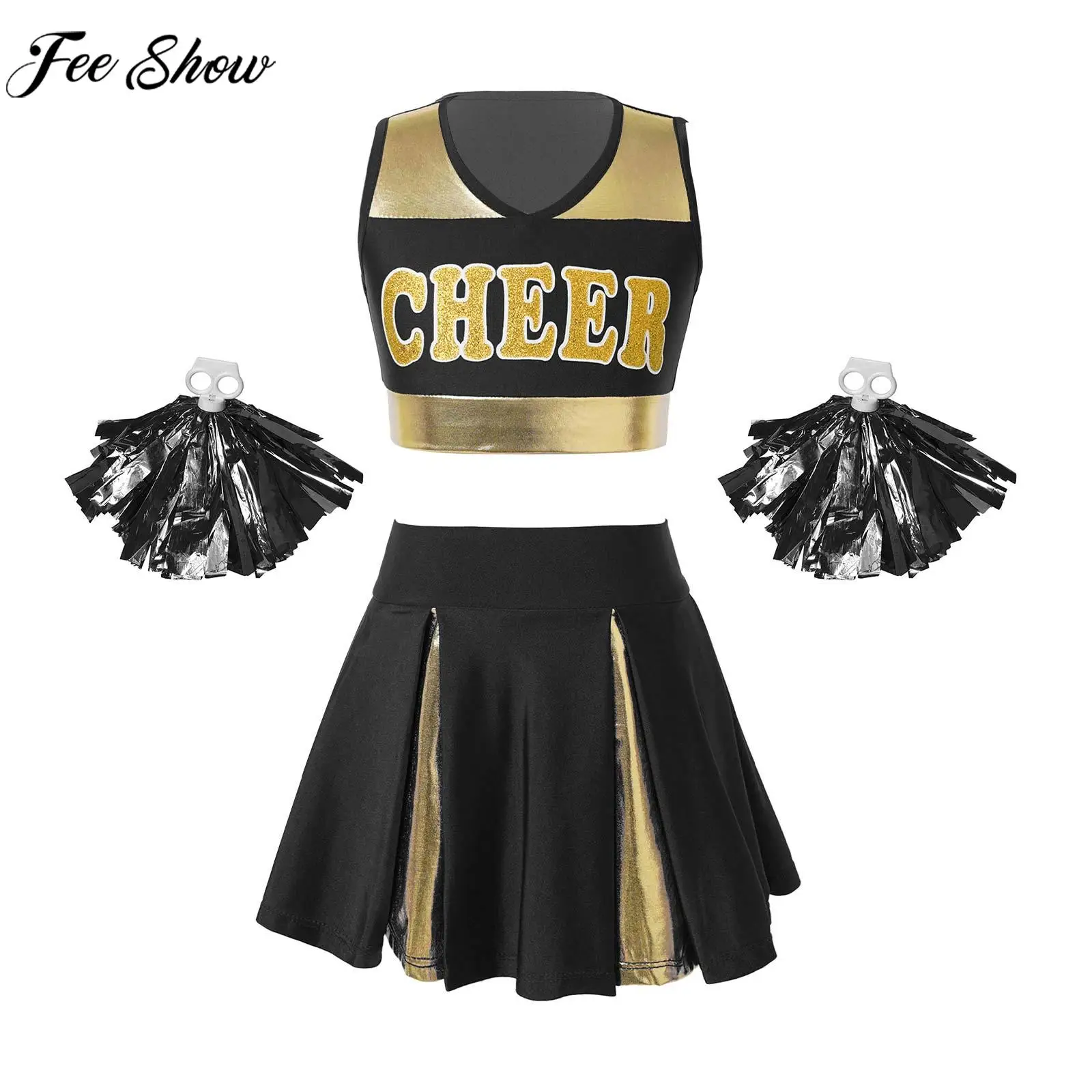 

Girls Cheerleading Costume Schoolgirl Cheer Outfits Crop Top with Skirt and Flower Ball Set Sports Meeting Cosplay Party Garment