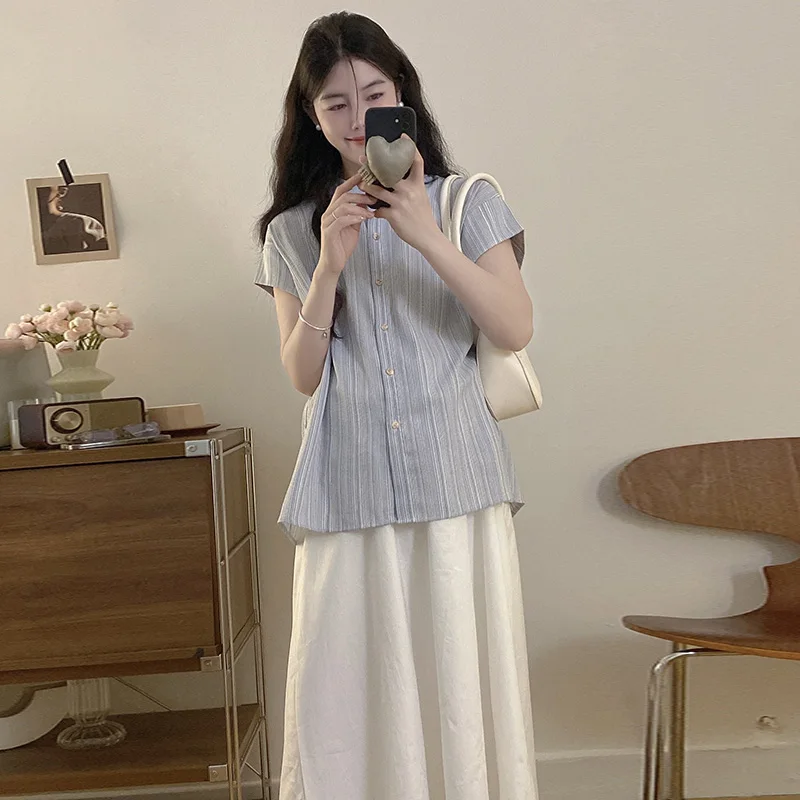 Korean Style Maternity Skirt Set Summer Short Sleeve Striped Cotton Linen Shirts Belly Skirts Twinset Pregnant Woman Clothes Set