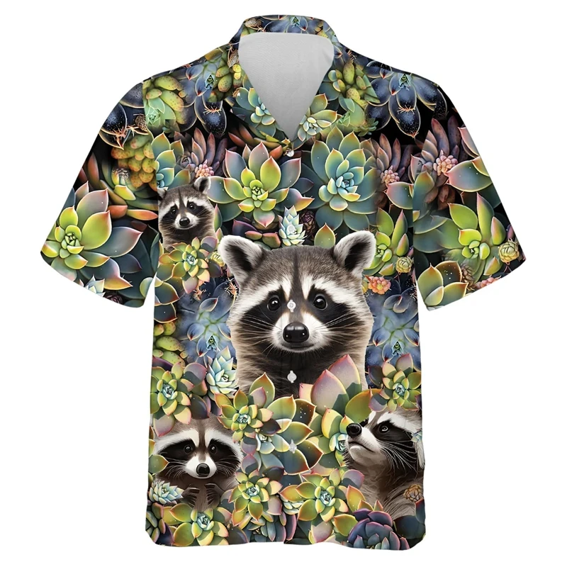 thumbnail image 1 of Camisas con estampado 3D de animales lindos y gráficos de mapache kawaii para hombres, camisas de playa, blusas casuales de manga corta con solapa y botones para vacaciones, 1 of 5