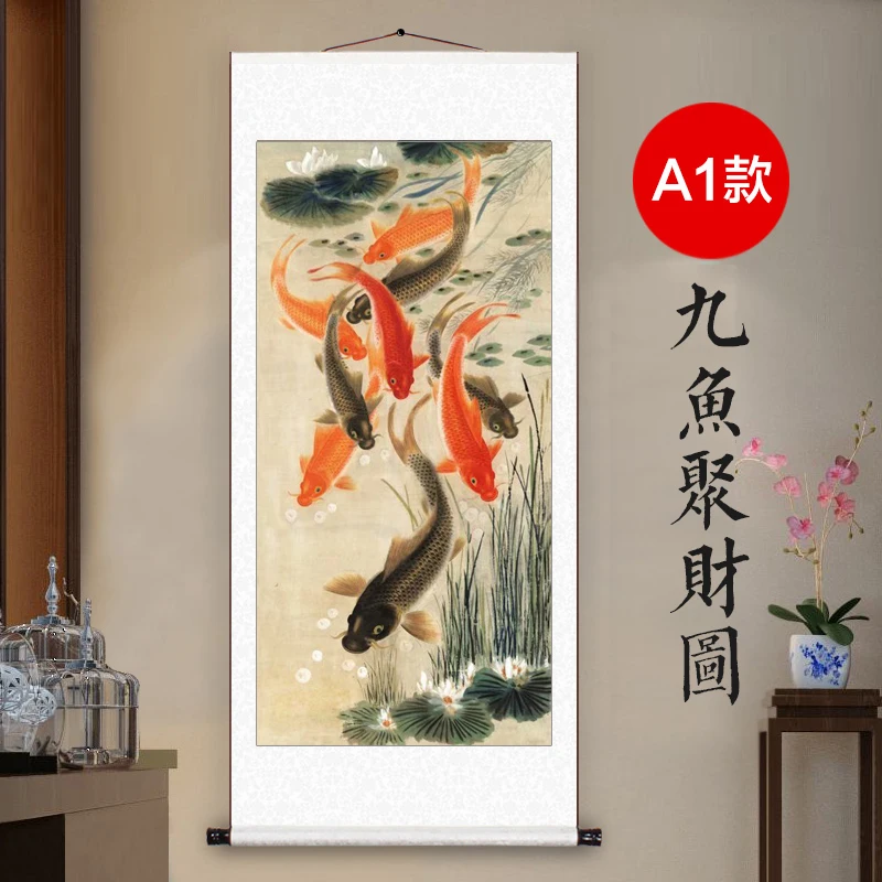 

TOP business gift # Home office WALL Decorative art -9 fishes Money Drawing GOOD Luck Mascot FENG SHUI ART silk painting