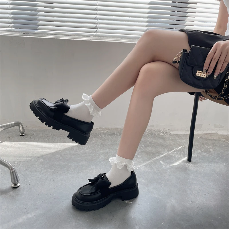 Women Shoes Women Flat Shoes Bow Leather Shoes Autumn Thick Heel Loafers