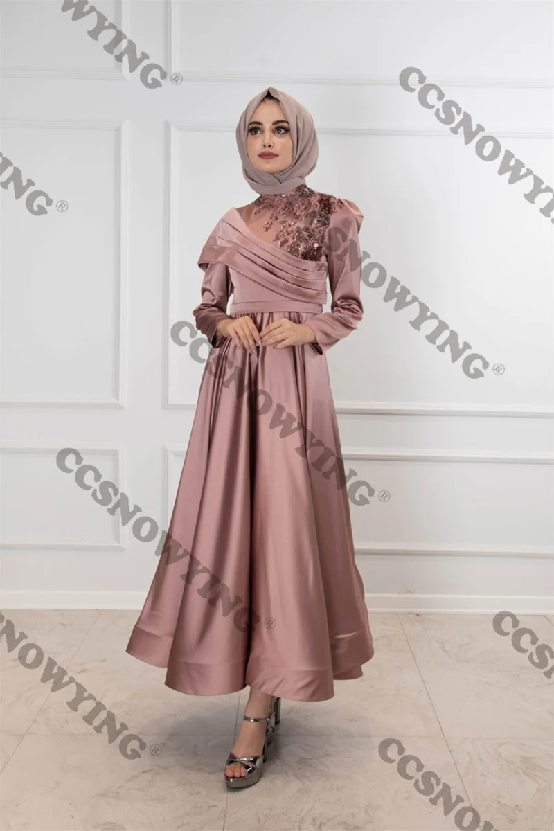 

Satin Appliquies Hijab Muslim Evening Dress Long Sleeve A Line Islamic Formal Party Gowns Arabic Dubai Women Robes De Soirée