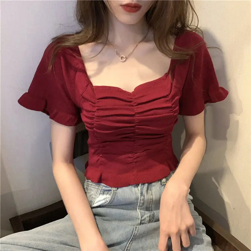 

2024 Summer New French Square Neck Design Sense Niche Scheming Cropped Top Slim Short Sleeve Knitted T-shirt Women